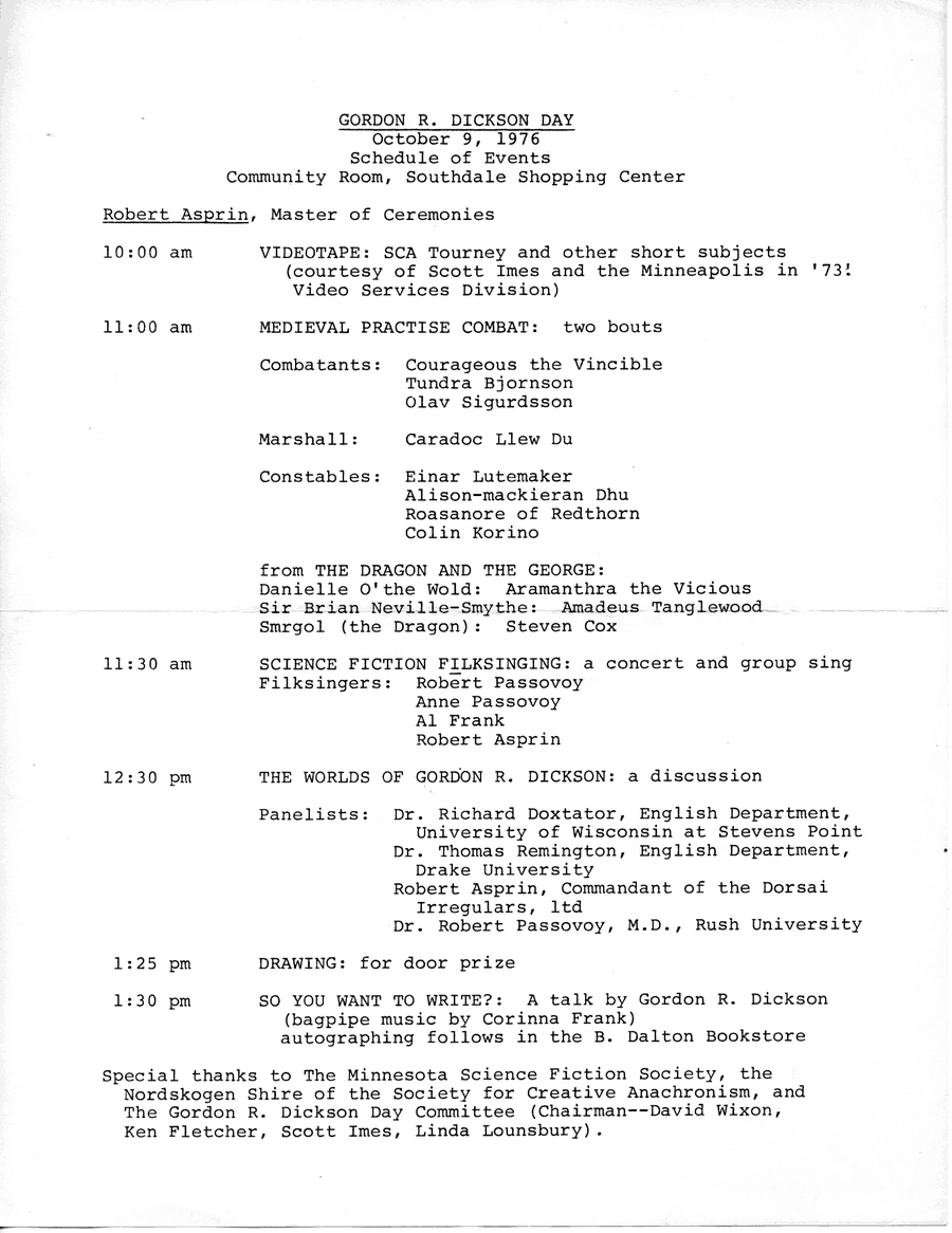 Gordon Dickson Day Event Schedule