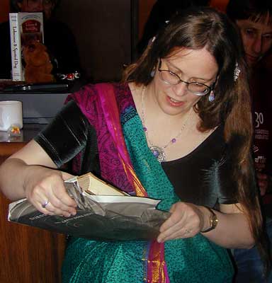 Lydy unwrapping birthday present