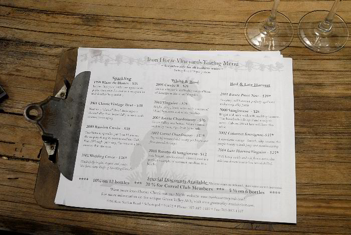 Tasting list, Iron Horse Vineyards